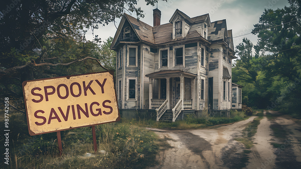 Fototapeta premium Spooky Savings Sign in front of an Abandoned House with Yellow and Red Color Scheme for Halloween Sales. 