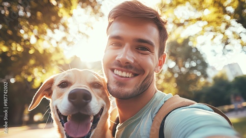 A cheerful young man enjoying a sunny day outdoors with his happy dog, capturing a moment of friendship and joy. photo