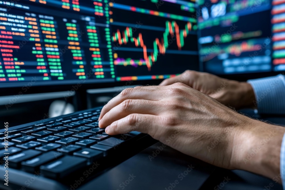 A stock trader’s hands typing on a keyboard, with charts and stock prices displayed on monitors in the background A stock trader’s hands typing on a keyboard, with charts and stock prices displayed on monitors in the background