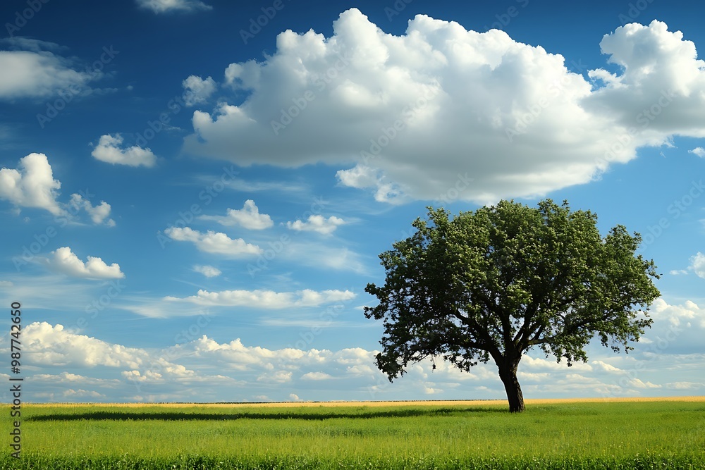 Single tree standing alone in a field under a blue sky with white clouds Single tree standing alone in a field under a blue sky with white clouds
