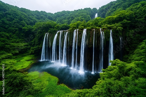 A stunning view of cascading waterfalls, with water flowing down multiple tiers in a lush, green forest