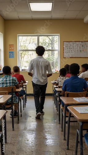 A teacher walking around a classroom as children take their final test, ensuring a calm environment for focused work