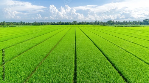 Lush Green Rice Field Under Clear Blue Sky