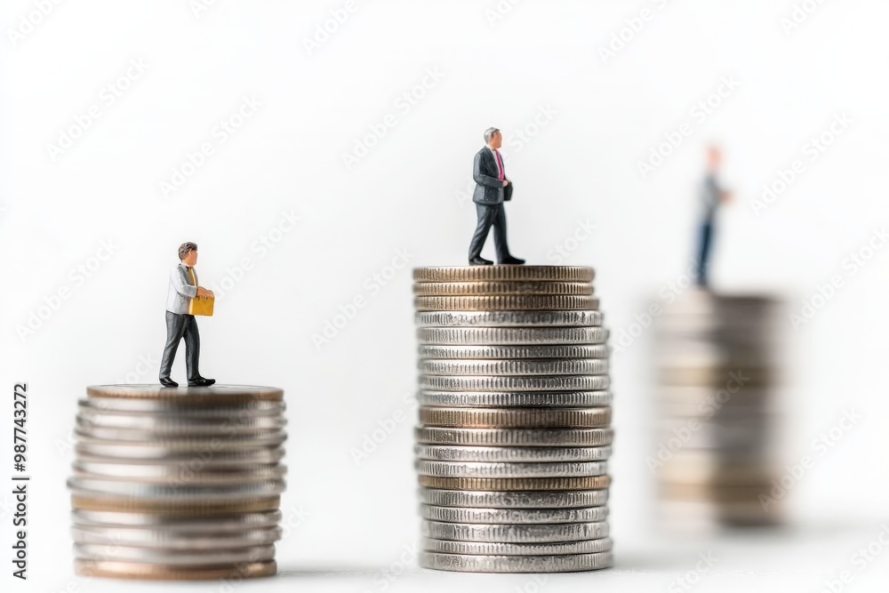 miniature business people standing on top of stacks of coins miniature business people standing on top of stacks of coins