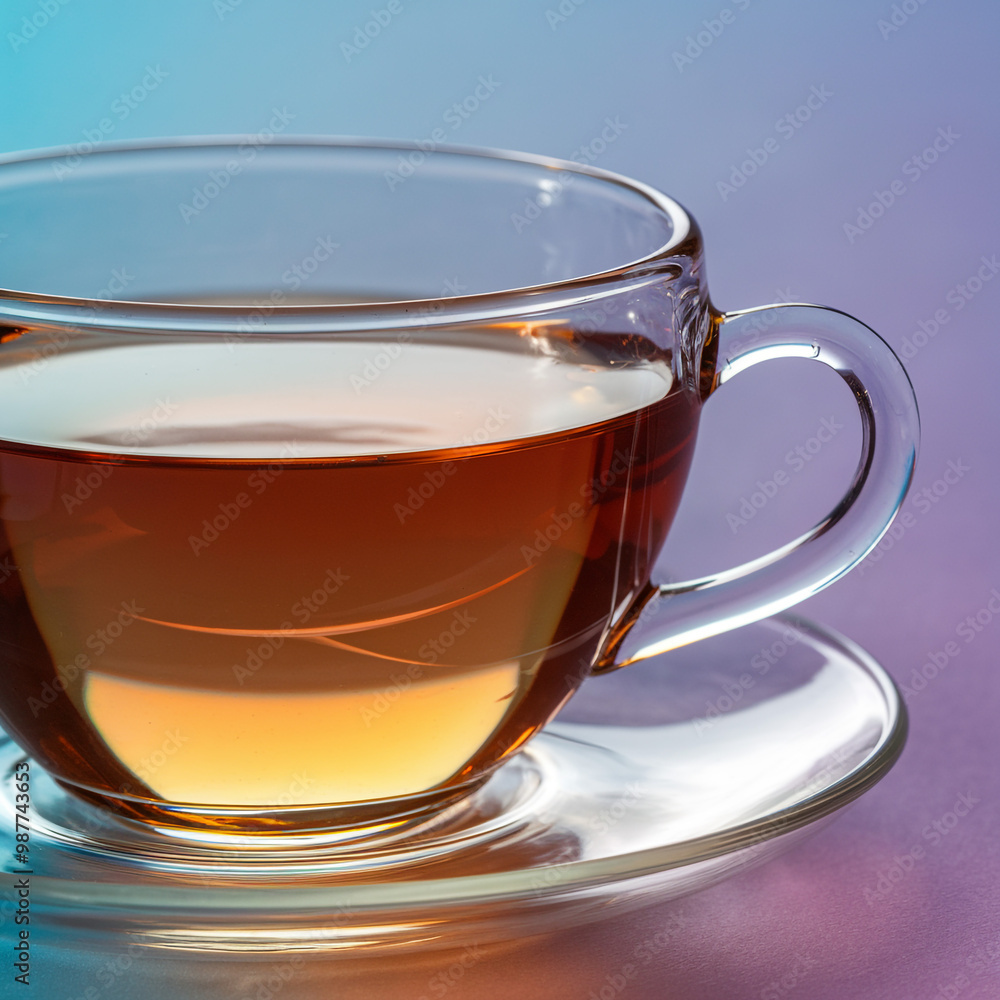 Clear glass cup of tea on a saucer with gradient background Clear glass cup of tea on a saucer with gradient background