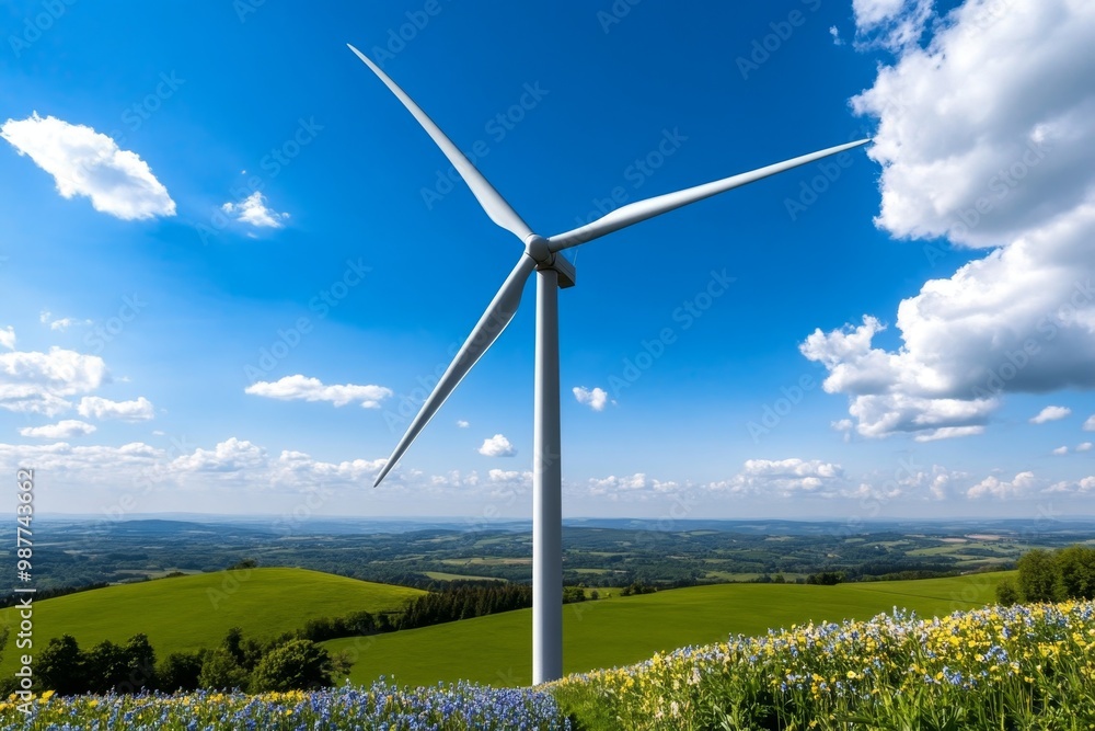 A wind turbine in the middle of a field of wildflowers, symbolizing the harmony between renewable energy and nature A wind turbine in the middle of a field of wildflowers, symbolizing the harmony between renewable energy and nature