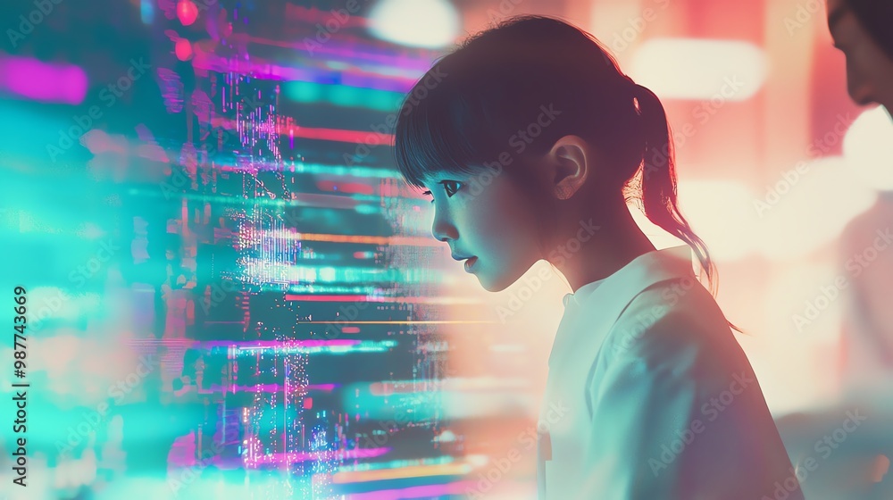 A curious girl gazing at vibrant digital data, symbolizing technology and innovation in a modern world. A curious girl gazing at vibrant digital data, symbolizing technology and innovation in a modern world.