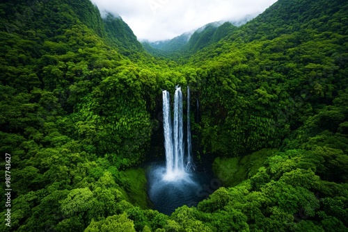 A waterfall in a tropical rainforest, surrounded by lush green vegetation, symbolizing the richness of natural ecosystems