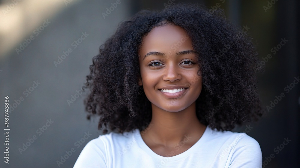Radiant Confidence: A young Black woman with a captivating smile and natural curls exudes joy and self-assurance in an urban setting. Radiant Confidence: A young Black woman with a captivating smile and natural curls exudes joy and self-assurance in an urban setting.
