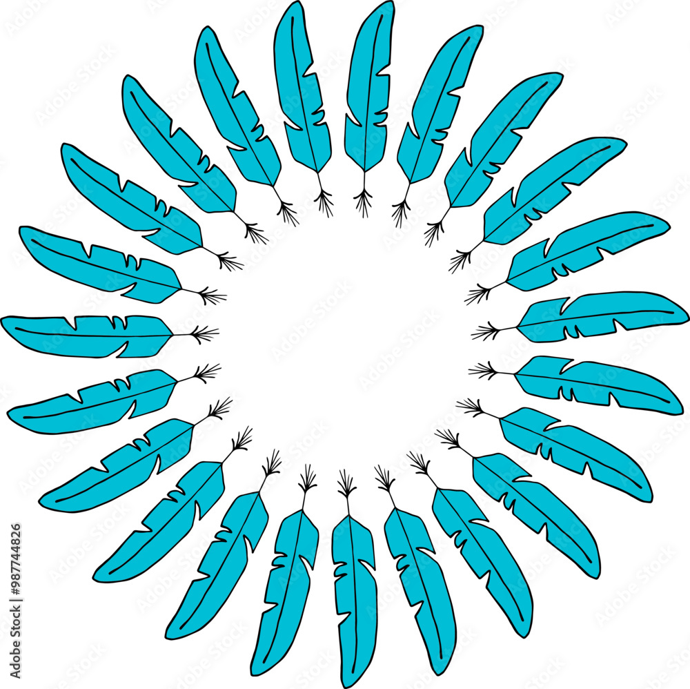 Obraz premium Round frame with with blue feathers on white background.eps