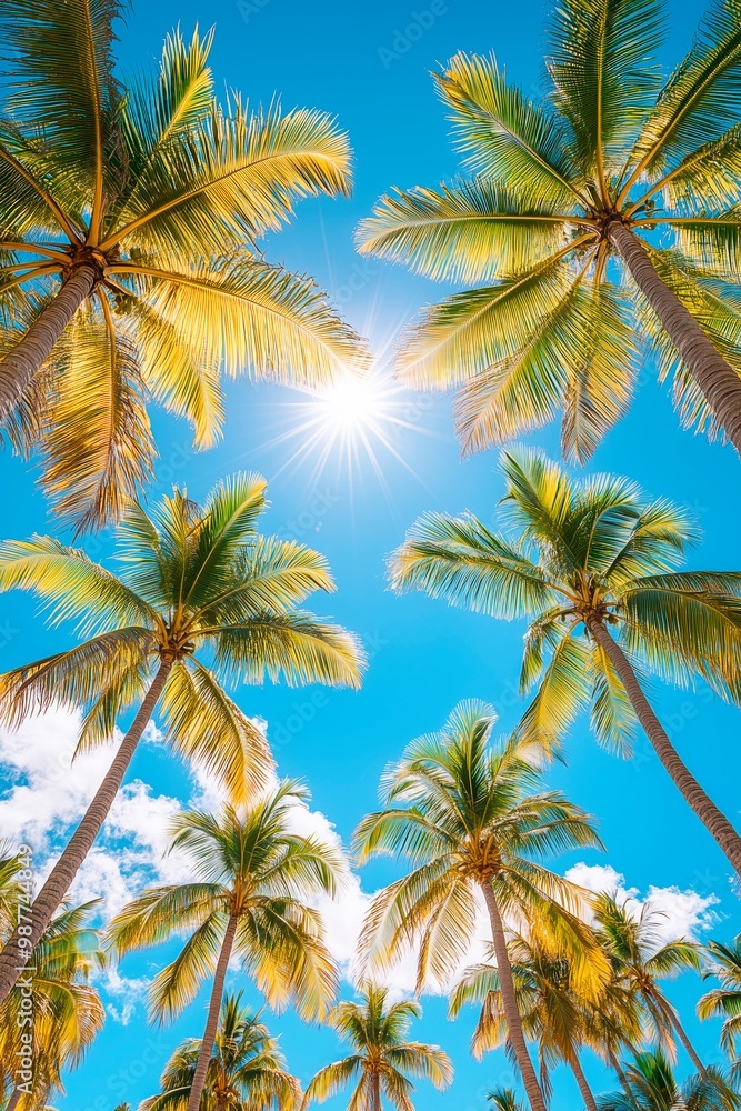 Obraz premium Sunshine filtering through palm trees against a clear blue sky