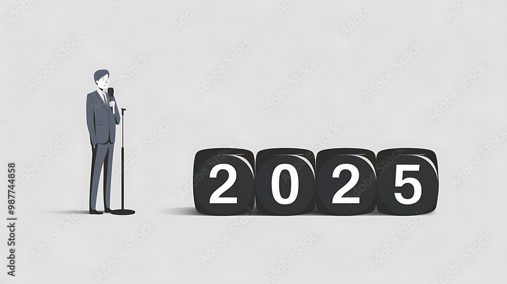 Fototapeta premium Minimalist illustration of a man in a suit speaking into a microphone with black and white 2025 year blocks, New Year's Eve concept.