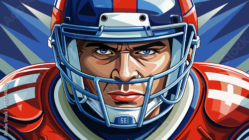 Superbowl, American football player closeup, athlete wearing uniform and safety helmet