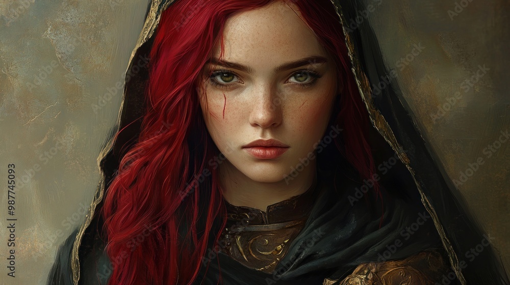 Medieval assassin character woman model with long red hair looking seriously background wallpaper AI generated image Medieval assassin character woman model with long red hair looking seriously background wallpaper AI generated image