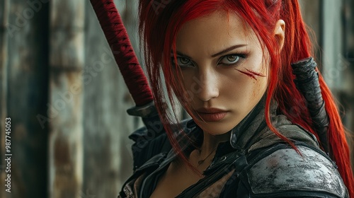 Medieval assassin character woman model with long red hair looking seriously background wallpaper AI generated image photo