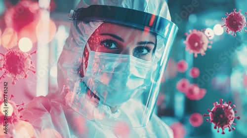 A healthcare professional in protective gear, focused and ready to combat infectious diseases in a modern medical environment.