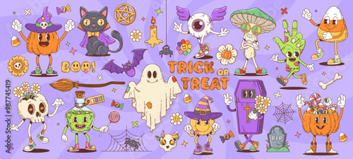 Cartoon retro groovy Halloween characters and monsters. Cute hippie ghost, pumpkin, cat vampire and bat vector personages. Psychedelic zombie hand, skull, mushroom, spider and trick or treat basket