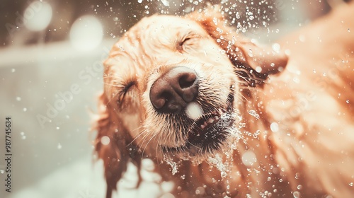 A joyful golden retriever enjoys a refreshing bath, splashing water and shaking off droplets with a happy expression.