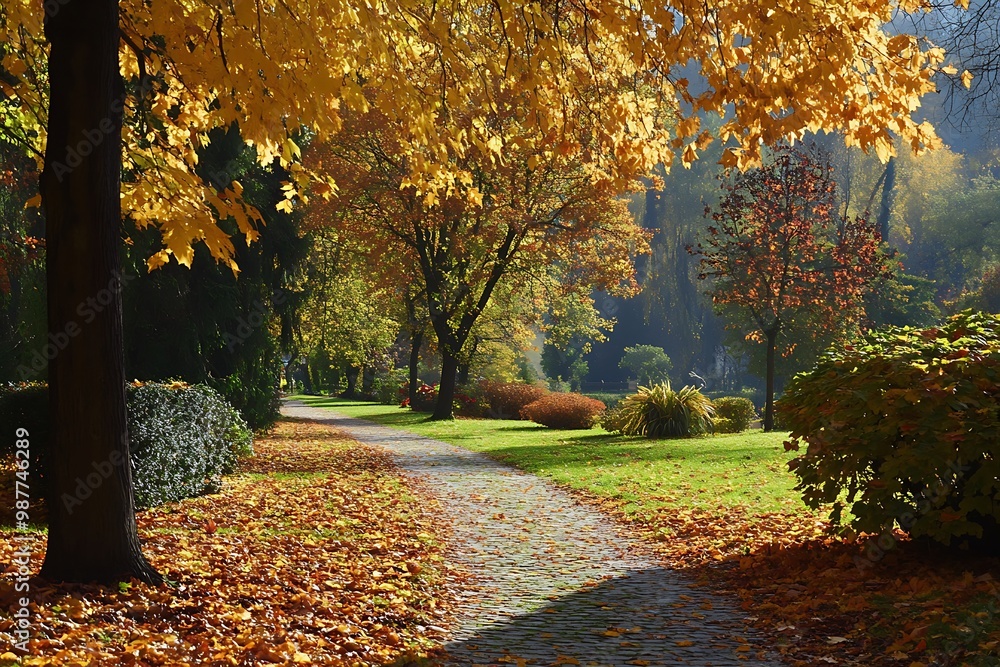 Fototapeta premium Autumnal park scene with path and golden foliage
