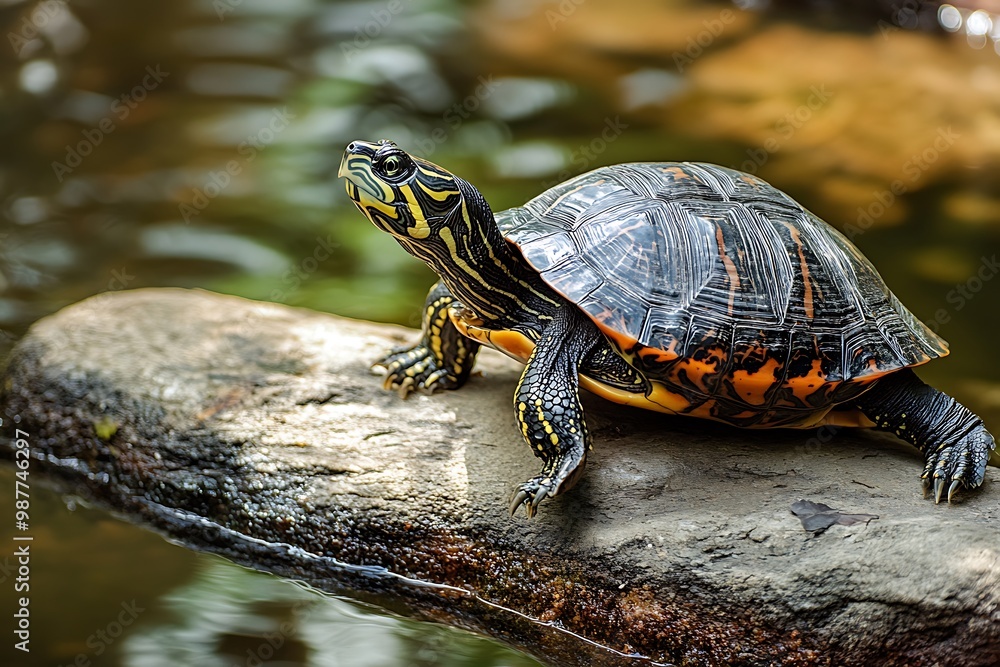 Close up of a Painted Turtle on a Rock in Water Close up of a Painted Turtle on a Rock in Water