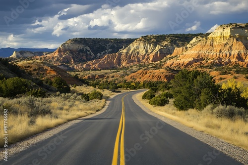 Empty asphalt road through scenic mountain canyon landscape with yellow lines