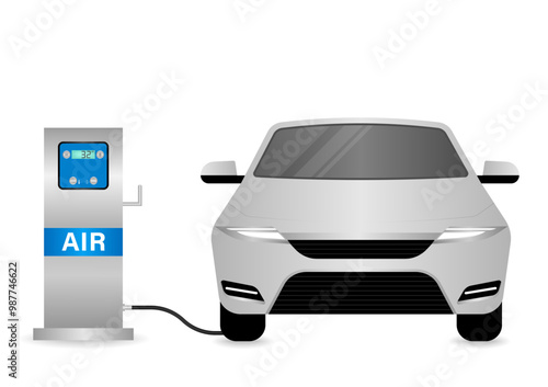 Automatic Tire Inflator Machine for Car and other Vehicle. Tire Air Station Service. Vector Illustration. 