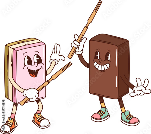 Cartoon groovy Japanese yokan dessert characters engaging in a playful duel with wooden forks. Vector adorable Japan sweet personages. Asian pastries with smiling faces, exuding retro cheerful vibes