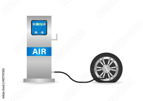 Automatic Tire Inflator Machine for Car and other Vehicle. Tire Air Station Service. Vector Illustration. 
