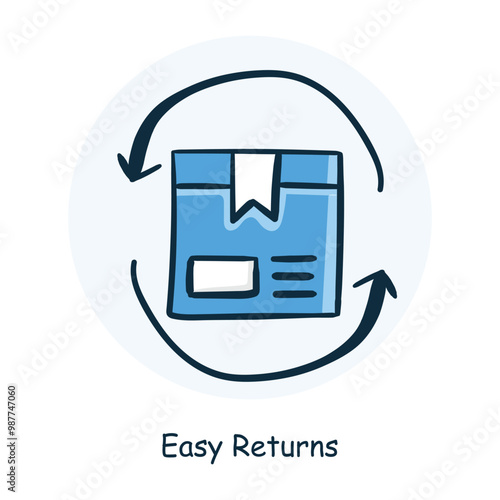 Vector icon for easy returns. Hand-drawn box with arrows indicating return process for products.