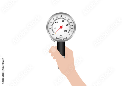 Hand Holding Tire Pressure Gauge to Check Air Pressure. Vector Illustration.