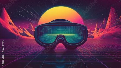 Retro synth wave 80s retro illustration cyberpunk glasses style sunset view background wallpaper AI generated image photo