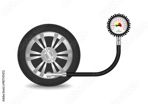 Tire Pressure Gauge. Tire Pressure Check Equipment. Vector Illustration. 