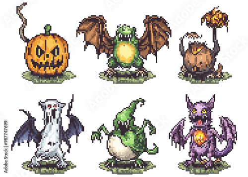 8bits pixel art, game assets of various fantasy colorful halloween monster on transparent background