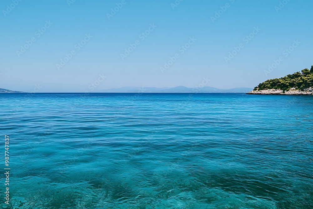 Fototapeta premium Clear turquoise water of a calm sea on a sunny day with a small island in the distance