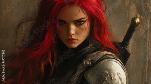 Medieval assassin character woman model with long red hair looking seriously background wallpaper AI generated image photo