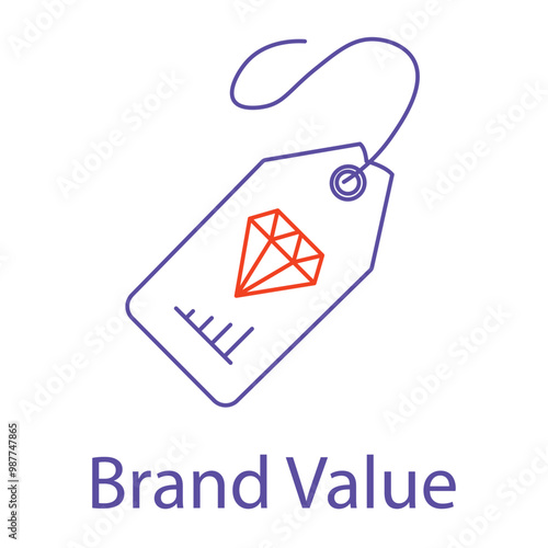 Vector icon for brand value with diamond and price tag. Represents premium brand, value creation, and business recognition.