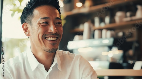 A smiling man in a cafe, enjoying a moment of joy and relaxation. Bright atmosphere with a warm, inviting decor.