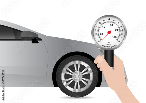 Hand Holding Tire Pressure Gauge to Check Air Pressure. Vector Illustration.