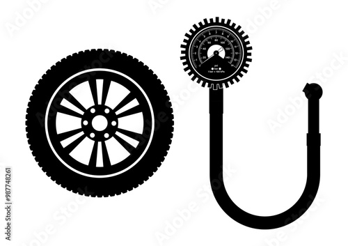 Tire Pressure Gauge Sign Symbol. Tire Pressure Check Equipment. Vector Illustration. 