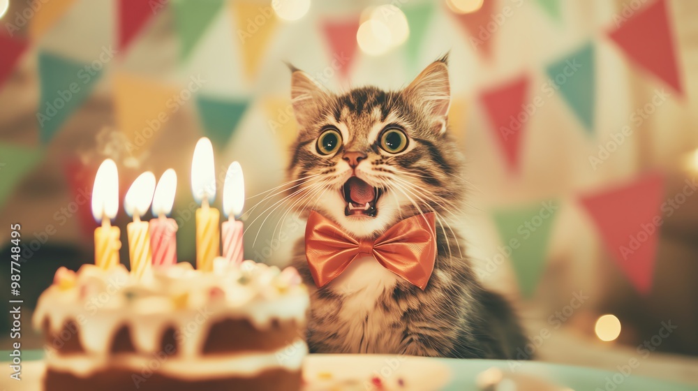 A surprised cat wearing a bow tie celebrates with a birthday cake and candles, creating a joyful festive atmosphere. A surprised cat wearing a bow tie celebrates with a birthday cake and candles, creating a joyful festive atmosphere.