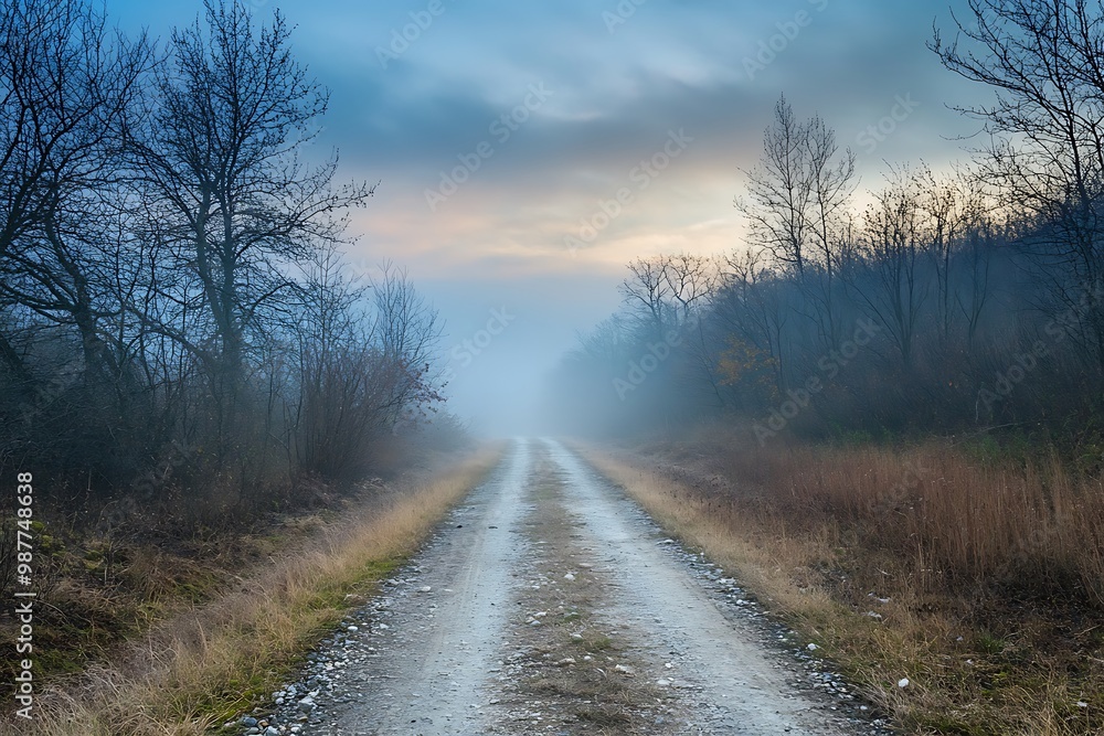 Fototapeta premium Mystical Foggy Road through the Forest with Light at the End