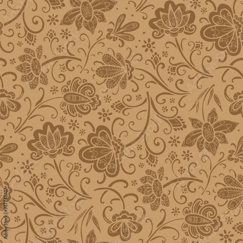 Swirl ornament, hand drawn brown flowers, brown background. Seamless floral pattern-415.
