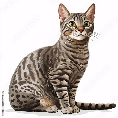 Illustrated Egyptian Mau Cat on White Background