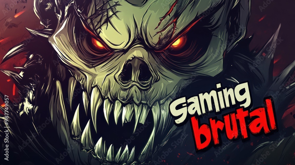 Obraz premium illustration gaming mascot, skull monster head logo, text ''gaming brutal