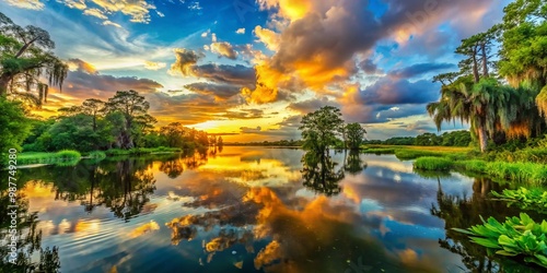 Serene Louisiana Landscape with Lush Greenery, Tranquil Waters, and Dramatic Skies at Sunset