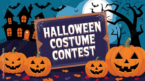 Halloween Costume Contest sign, pumpkins, and haunted house, orange and black,  fun and festive, Halloween party invitation. 
