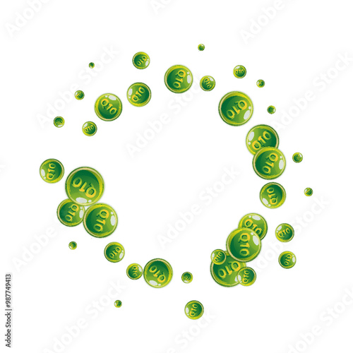 Vitamin Q10 round capsules scattered randomly.