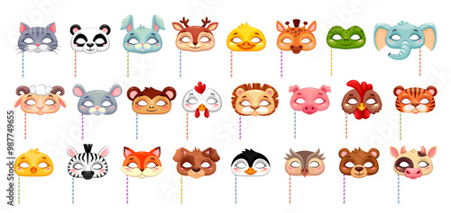 Carnival festival party animal masks, vector Halloween kids costume of cat, fox, panda and rabbit. Cartoon animal faces on sticks, cute penguin, bear, wolf and dog, owl, monkey, mouse, cow and deer