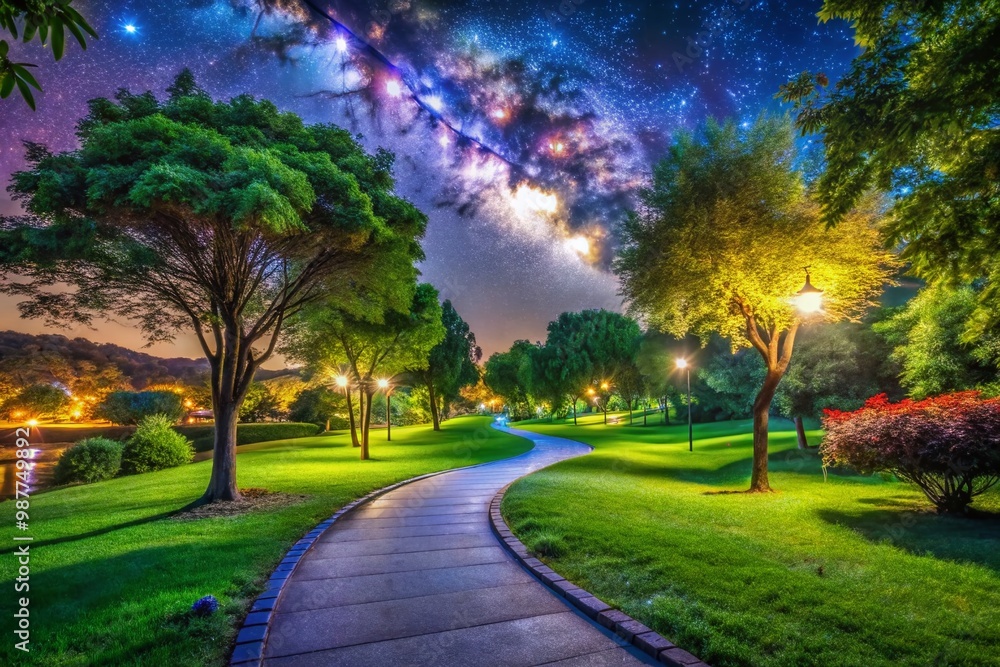 Serene Nighttime Park Scene with Illuminated Pathway and Lush Greenery Under Starry Sky Serene Nighttime Park Scene with Illuminated Pathway and Lush Greenery Under Starry Sky