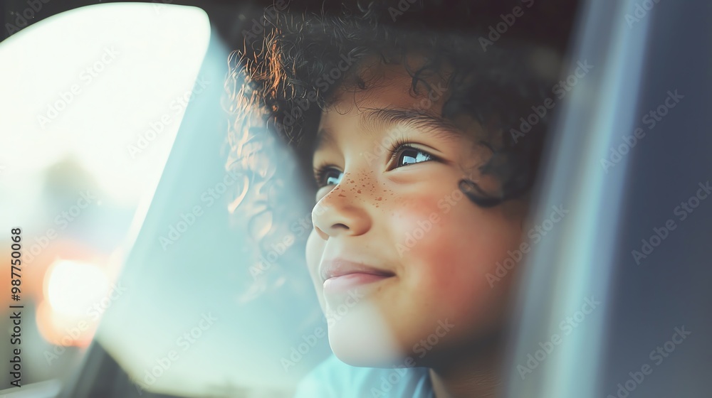 A young child gazes with wonder out of a car window, displaying joy and curiosity about the world beyond. A young child gazes with wonder out of a car window, displaying joy and curiosity about the world beyond.